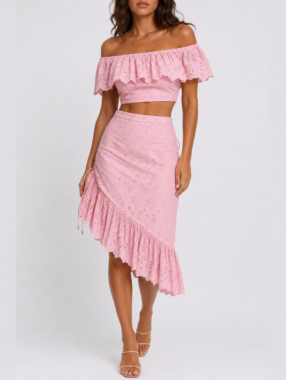 LoveShackFancy Pink Eyelet Ruffle Asymmetrical Romantic Resort Co-Ord Set XS